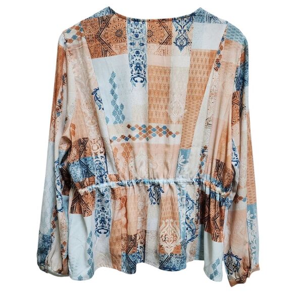 Chico's Blouse Womens XL Mixed Pattern V Neck Long Sleeve Drawstring Waist Boho - Picture 2 of 10